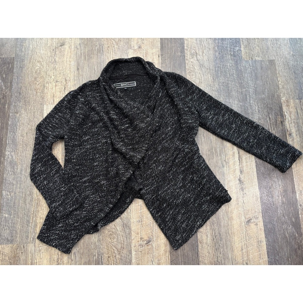 BNCI Blanc Noir Womens Large‎ Black White Marled Knit Draped Open Front Cardigan